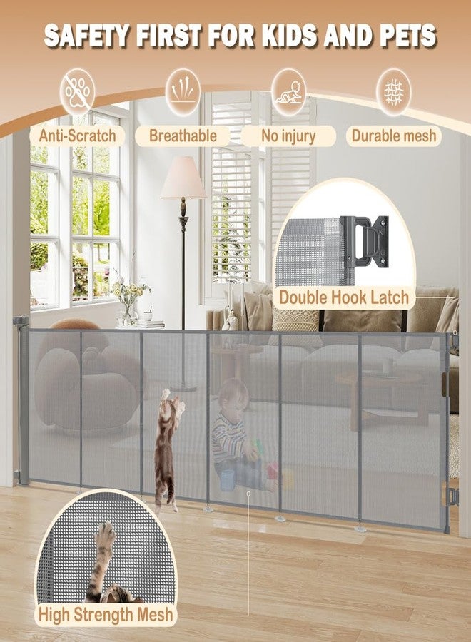 SMONTER Extra Wide Retractable Dog Gates, Mesh Baby Gate with Support Rods Extend to 118" Wide 33" Tall, Portable Safety Retractable Gate for Stairs, Indoor/Outdoor, Gray - Image 4